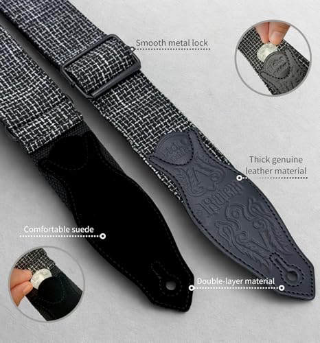 rockyou 2 Inch Woven Jacquard Embroidery Bass Guitar Strap (Black & White Houndstooth) | Embroidery, 4 Picks Pocket, Suede Genuine Leather End - color: Black & White Houndstooth