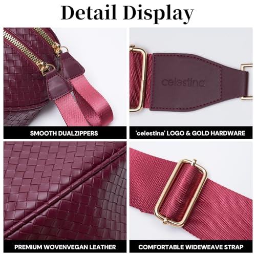Woven Vegan Leather Bum Bag for Women, Crossbody Fanny Pack with Coin Purse | Removable 2-inch-wide strap adjusts to a 14–24.5-inch drop; dual zip compartments, reinforced hardware, 1.1-lb design - color: Burgundy