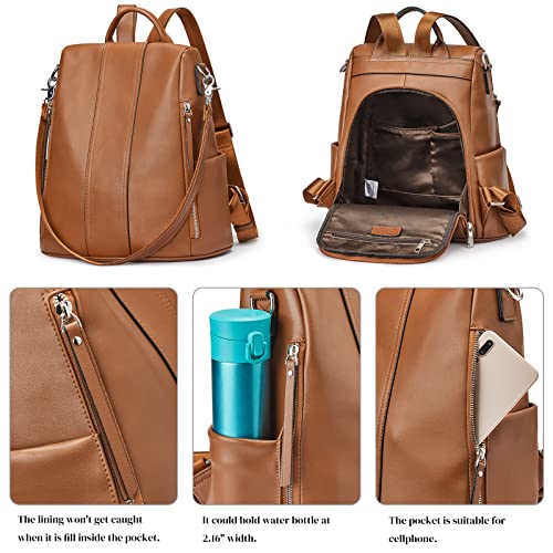 S-ZONE Leather Backpack Purses for Women Antitheft Rucksack Shoulder Bag Medium | Genuine Leather, Medium Fits 9.7-inch Tablet, for Work Travel Daily Commute, Multi Pockets, Adjustable Dual Straps - color: 2-brown