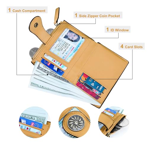 Tipmile Small Wallet for Women Bifold RFID Blocking Card Holder Leather Wallets with Zipper Coin Pocket - color: Yellow