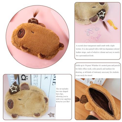KEYDUACU Cute Water Cavy Pencil Case with Hairstyle Kit, Large Capacity Water Guinea Pig Cute Animal School Supplies Bag with Pencil Set & 10-Color Pen(Brown) - color: brown