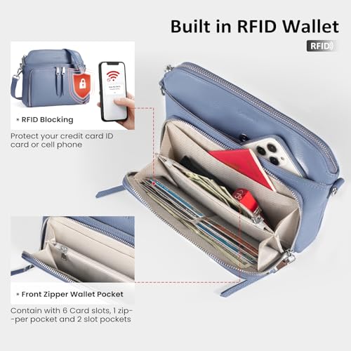 befen Genuine Leather Crossbody Bags for Women Travel Wallet Purse | Real Leather, Purse with Built in Wallet, RFID Blocking, 8 Card Slots, Crossbody Bag with Wallet, Detachable Shoulder Strap - color: Blue