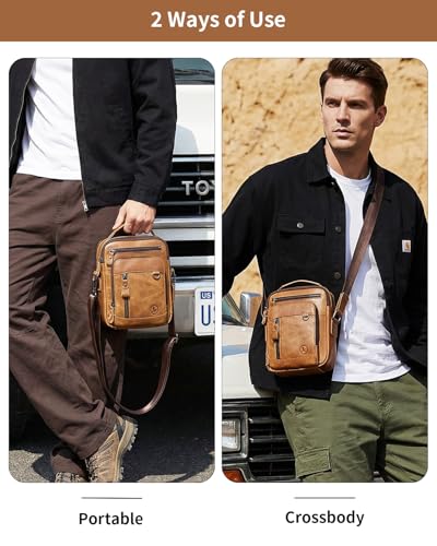 Leather Crossbody Bag for Men with Double Compartments | Genuine cowhide,two roomy sections,adjustable strap,zip closure,ideal for work,commuting,travel and gifts - color: Brown-1