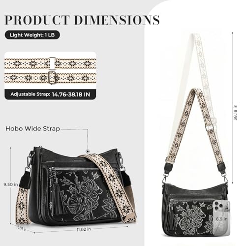Crossbody Bags for Women, Medium Vegan Leather Purses | Large Capacity Multi-Pocket Embossed Shoulder Bag with Boho Strap for Daily Travel - color: Black Silver