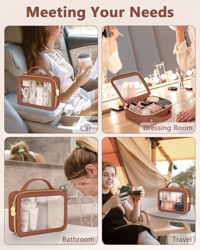 Soimeat Clear Makeup Bag, Portable Travel Cosmetic Bags, Multipurpose Leather Toiletry Bag with Zipper, Waterproof Transparent Cosmetic Organizer for Women, Medium, Brown - color: Brown, size: Medium
