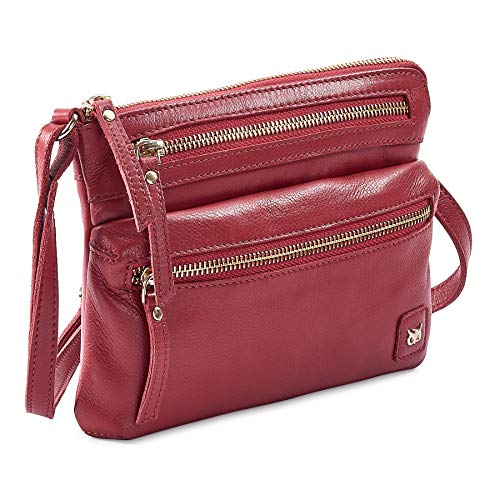 Small Leather Crossbody Bag for Women Adjustable Sling Purse Multi Pocket | Genuine Top Grain Leather, 4 Zip Pockets, Cross Over for Travel, Gift for Women, Phone Pocket - color: Red Nappa