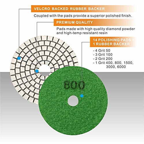 SPTA 15pcs Diamond Wet Polishing Pads Set, 4 inch, White, 50#-6000#, For Granite, Concrete, Marble, Stone, Tiles, With Floor Grinder or Polisher
