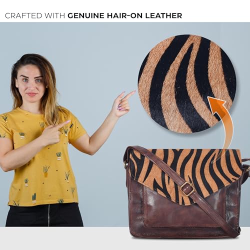 Ozora Genuine Leather Crossbody Purse for Women, Shoulder Bag - color: Brown Wash Zebra