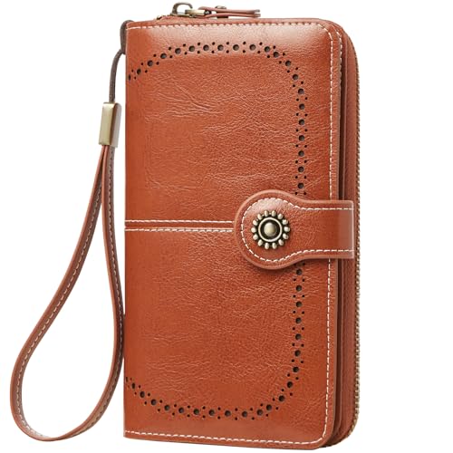 TFKGS Wallet for Women RFID Blocking Leather Large Capacity Card Holder Ladies Phone Clutch Travel Long Purse Wristlet | RFID Blocking - color: 2-Upgrade-Wax-Brown
