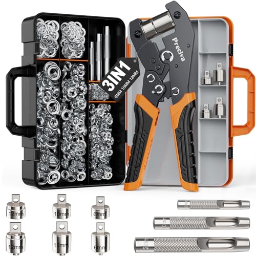 Preciva 3-Size Grommet Tool Kit - 1/2" 1/4" 3/8" Hole Punch & Eyelet Setting Tool with 300Pcs Grommets | Handheld Eyelet Plier for Tarps, Tents, Canvas, Vinyl & Leather Crafting
