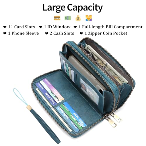 GOIACII Wristlet Wallets for Women 2 Zip Around Ladies Clutch Teal | RFID Blocking, Vegan Leather, Large Capacity, Credit Card Holder, Phone Holder Purse - color: Blue