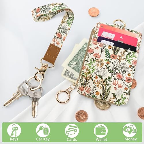 Bolimoss Aesthetic Lanyard with ID Holder for Women & Nurses - Floral ID Badge Holder with Neck Lanyard & 4 Card Slots, Side Zipper Pocket - color: Blooming Flowers