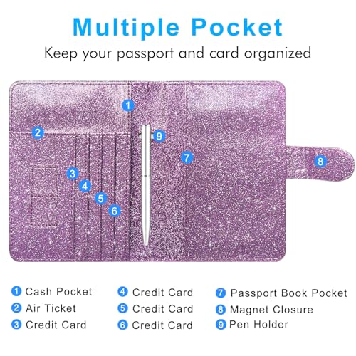Passport Holder Cover, ACdream Protective Premium Leather RFID Blocking Wallet Travel Case for Passport/Credit Card/Air Ticket, - color: Glitter purple
