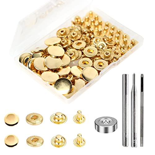 BetterJonny 24 Sets Heavy Duty Leather Snap Fasteners Kit, 17mm Metal Snap Buttons Press Studs Leather Rivets Snaps with 4 Setter Tools for Clothes Bracelet Jackets Jeans (Gold) - color: Gold, size: 17mm