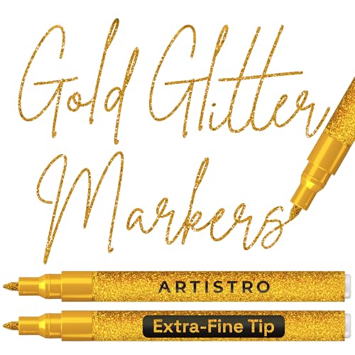 ARTISTRO Glitter Gold Acrylic Paint Markers - 0.7mm Extra Fine-Tip - 2 Set - color: Glitter Gold