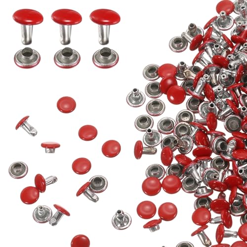 HARFINGTON 100 Sets Double Cap Leather Rivets, 6x6mm Round Cap Tubular Metal Studs Leather Crafting Rivets for Fabric Belt Pet Collar Boot Bag Repair and Decoration, Red - color: Red, size: 6x6mm