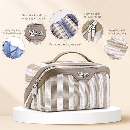 BOYATU Travel Makeup Bag for Women: 3 Pcs Set Striped Make up Bag,Apricot | Vegan Leather Cosmetic Bags with Compartments - Waterproof Large Capacity Toiletry Bags - 180° Open-Flat Makeup Organizer - color: A-6-Apricot