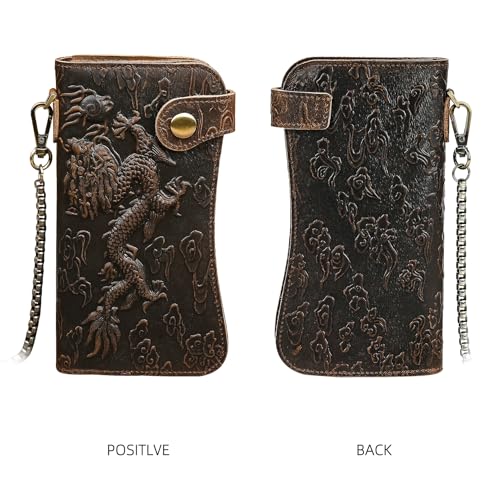 Genuine Crazy Horse Leather Travel Gift Coin Pocket Card Case Long Organizer Chain Rfid Wallet Purse With Snap For Men Male 1088 (1088 Dark Brown-Dragon) - color: 1088 Dark Brown-Dragon