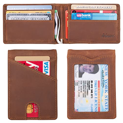 Slim Wallet with Money Clip RFID Blocking Minimalist Bifold Wallet for Men Genuine Leather Front Pocket Card Holder - color: AS260 - Khaki (Finger Groove)
