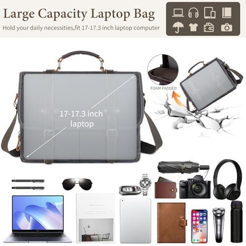 Vintage Men Laptop Bag, 15.6 Inch Messenger Bag Leather Waxed Canvas | Briefcase Large Computer Laptop Bag Briefcase Satchel Handbags Crossbody Bags Water Resistant Work Business Travel - color: Grey Black