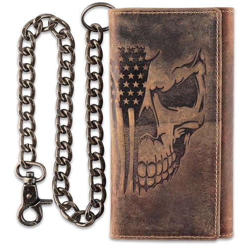 F&L CLASSIC RFID Blocking Mens Tri-fold Long Style Cowhide Leather Steel Chain Wallet,brown flag/skull,212-103 - color: brown with Flag/skull