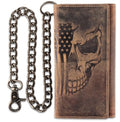 F&L CLASSIC RFID Blocking Mens Tri-fold Long Style Cowhide Leather Steel Chain Wallet,brown flag/skull,212-103 - color: brown with Flag/skull