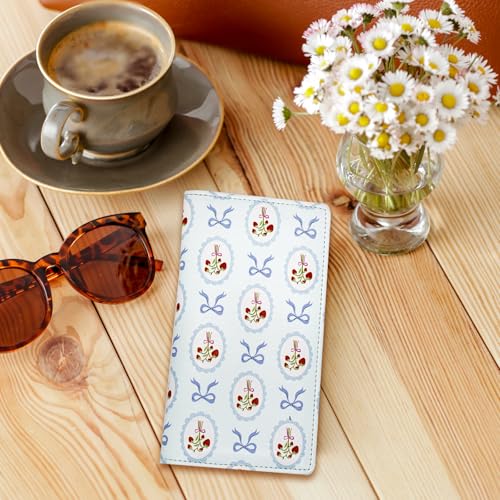 LOLOMLO Checkbook Cover for Men & Women, RFID Blocking PU Leather Check Book Register Case for Duplicate Checks, Personal Checkbook Holder for Top Side Tear, Pen Holder & Plastic Divider - color: Light Blue Strawberry Bow2