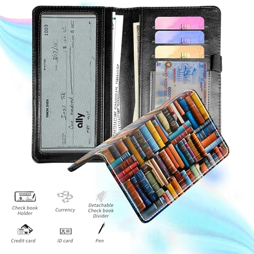 Check Book Cover for Personal Checkbook, Leather Business Checkbooks Plastic Insert Flap Card Holder Pen Hoop Holder with RFID Blocking Slim Wallet for Duplicate Checks Women Men, Books - color: Books