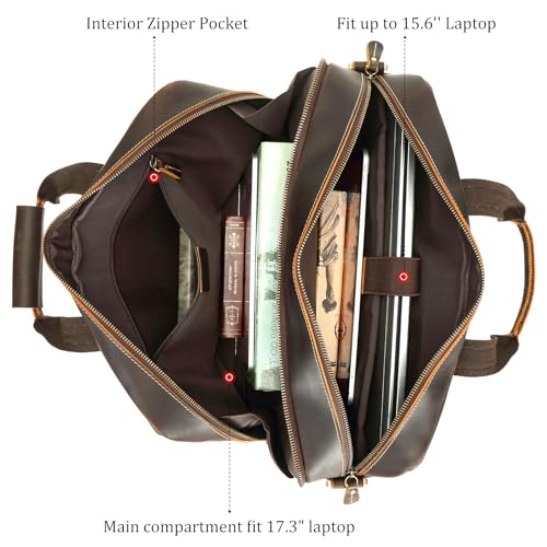 Polare Full Grain Napa Leather 17" Briefcase Work Bag Business Case For Men - color: Dark Brown (Updated Version)