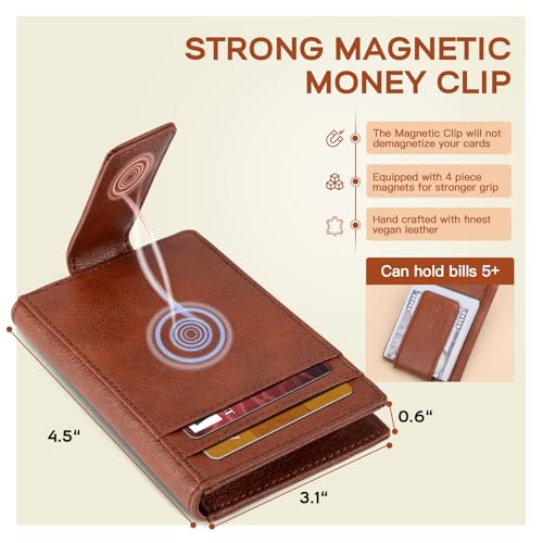 Zitahli Magnetic Closure Slim Wallet- Front Pocket Wallet for Men, 12+ Card Capacity ID Window | Money Clip Gifts for Him - color: 0 Reddish Brown