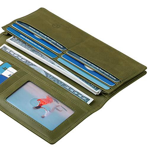 VISOUL Leather Checkbook Cover Wallet for Men with RFID Blocking, Mens Long Bifold Cash Tall Wallet with 11 Credit Card Slots 1 ID Window (Olive Green) - color: Olive Green