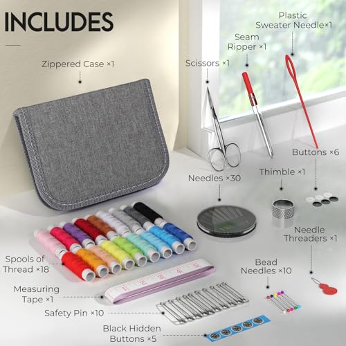 Coquimbo Sewing Kit Gifts for Adults Teen Grils Women Mom Grandma, Portable Sewing Supplies Contains Tape Measure, Scissors, Thimble, Thread, Sewing Needles (Gray, M) - color: Gray, size: M