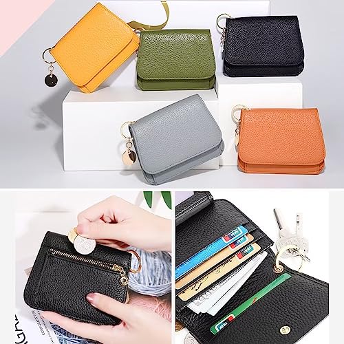 Mudono Small Wallet for Women RFID Blocking Genuine Leather Card Case Slim Tri-Fold Wallet with Zipper Pocket and Keychain - color: Beige
