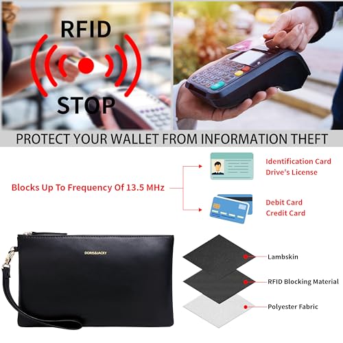 DORIS&JACKY Small Leather Wristlet Clutch Purse and Phone Wallet for Women | Soft Designer Lambskin slim thin Pouch with Detachable Strap, Daily Formal Evening Bag and Premium Party Date Purse - color: 6-lambskin Black, style: Lambskin-black