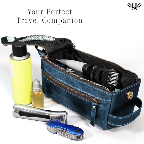 Premium Handmade Leather Toiletry Bags for Men and Women, Genuine Leather Dopp Kit and Shaving Bag for Men, Travel Cosmetic Bag for Women's and Men's, Zipper Pocket, Navy - color: Navy Blue (Large)