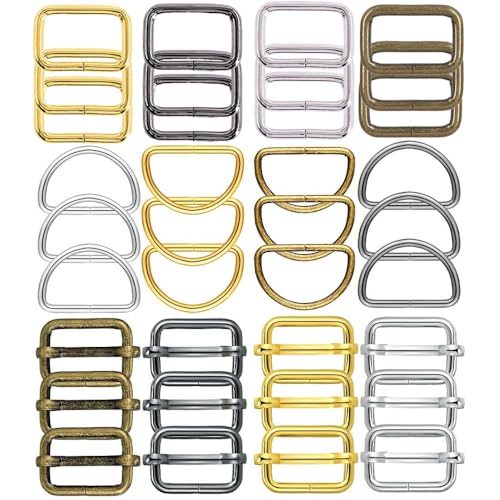 Metal Belt Buckle Hardware Set, 36 Pieces, 1-1/2 Inch, D-Rings and Slide Buckles, Rectangle Ring - color: Mix 4 Colors