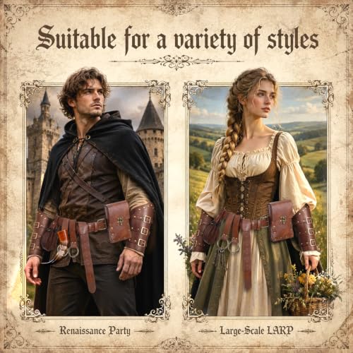 7PCS Renaissance Accessories Set | Including Medieval Belt with Belt Pouch, Coin Pouch, Leather Bracers & O-Ring Hangers for Halloween, LARP, Viking & Cosplay - color: Brown