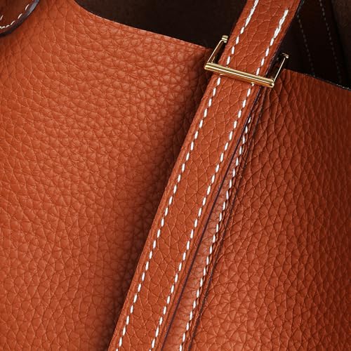 Genuine Leather Bucket Bag with Shoulder Strap, Organizer Insert & Silk Scarf for Women Handbag Tote Bag - color: Brown-gold