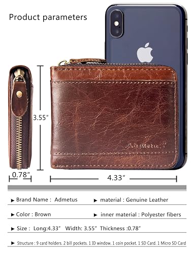 Admetus Mens Zipper Wallet Leather Zip Bifold RFID Blocking Card Holder - color: Brown159