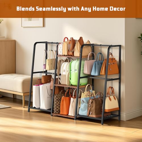 3-Tier Purse Organizer, Heavy-Duty Wood and Metal Bag Storage Rack with 10 Side Hooks for Large Totes & Long Shoulder Bags, Anti-Wobble Free-Standing Handbag Display Stand