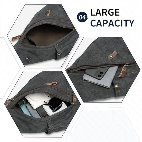 Canvas Sling Bag with Leather Zipper 3-in-1 Crossbody Backpack | Vintage Canvas Sling Bag for Women Men Convertible Cross Body Bag Multiple Zipper Pockets for Travel Daily Use - color: Black