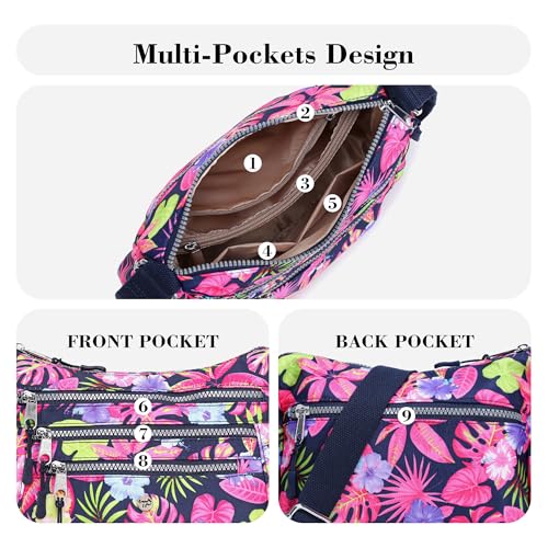 AOCINA Nylon Crossbody Bags for Women Multi Pocket Cross Body Purses - color: Colorful Leaves, size: Large