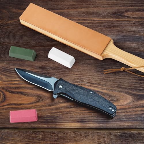 Double Side Leather Strop for Knife Sharpening - 14"x 2" Stropping Block Kit with Polishing Compound, Knife Strop with Ergonomic Handle for Honing Knives, Woodworking Chisels
