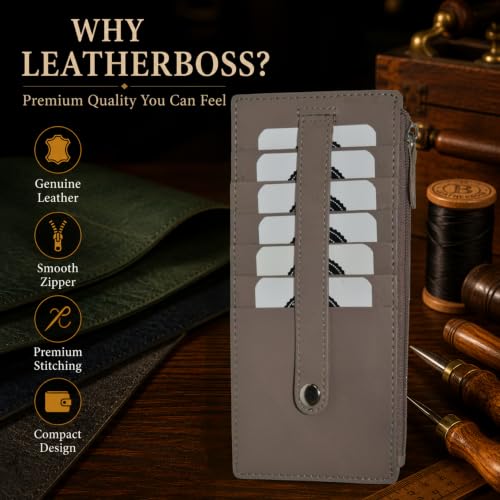 Leatherboss Genuine Leather Women's All in One Credit Business Card Case Holder Slim Zipper Wallet With a Card Protection Strap, Light Brown - color: Light Brown