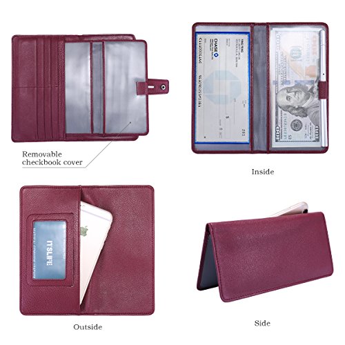 Itslife Womens Wallet,Large Capacity RFID Blocking Leather Wallets Credit Cards Organizer Ladies Wallet with Checkbook Holder - color: 1-Wine Red