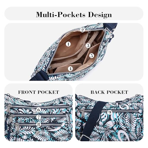 AOCINA Nylon Crossbody Bags for Women Multi Pocket Cross Body Purses - color: Blue Leaf, size: Large
