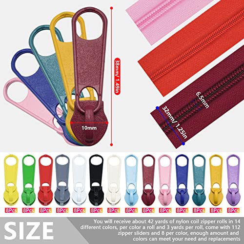 42 Yards #5 Nylon Coil Zippers Kit Sewing Zipper for DIY Sewing Crafts Zipper Tape with Match 112 Pcs Zipper Pull Heads, Zipper Repair Kit for DIY Tailor Sewing Craft Supplies, 14 Color