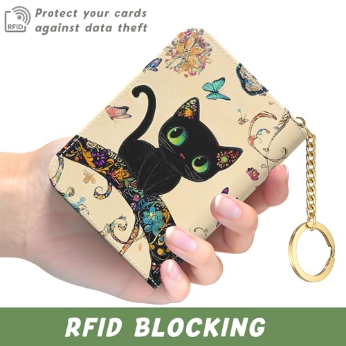 Credit Card Holder for Women, Small RFID Wallet Slim Leather Card Case - color: B-Cute Cat02, size: Keychain