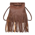 Women Mini Tassel PU Leather Crossbody Shoulder Bag Drawstring Bucket Bag | Small Fringe Cross body Bag Cell Phone Coin Purse Wallet - color: Coffee