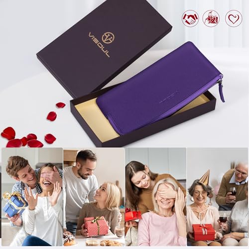 VISOUL Long Zipper Cash Wallet for Women with Removable Credit Card Holder Soft Genuine Pebbled Leather Contrast Color-Purple and Light Purple - color: Purple and Light Purple